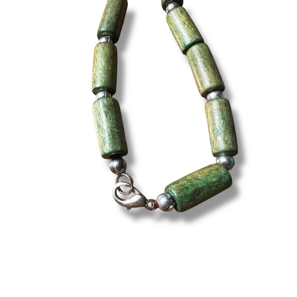 Statement Blue and Brown Beaded Necklace Wood Beads - Picture 7 of 10